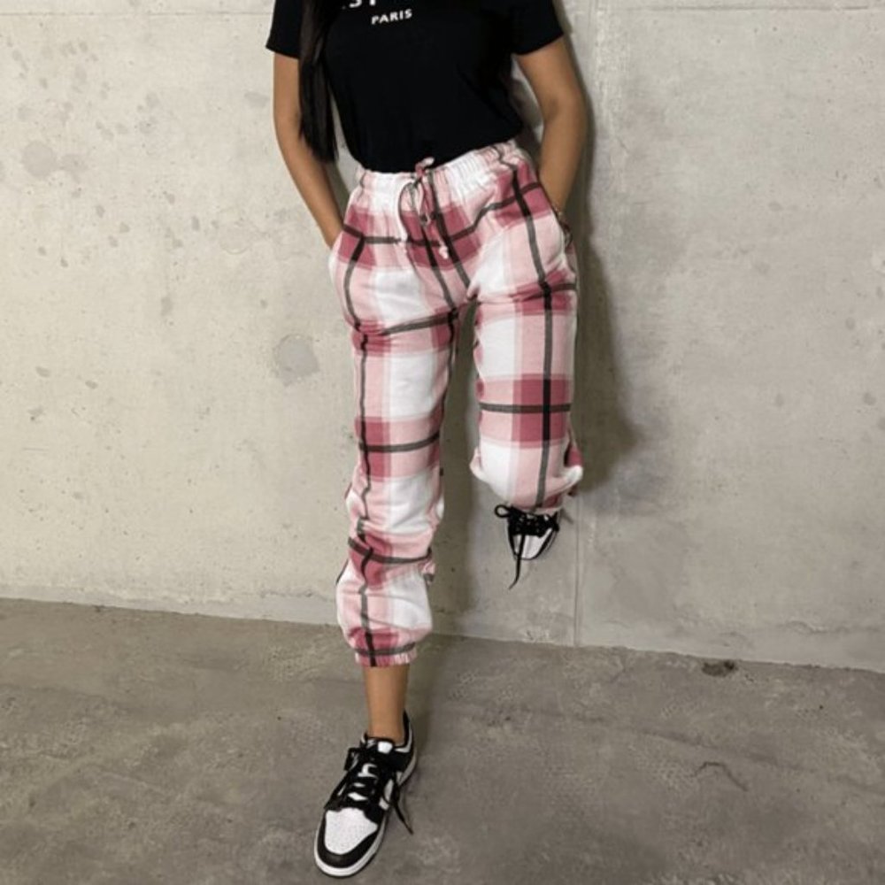 Pink Plaid Check High Waist Loose Fit Joggers Jogger Pants - Picture 5 of 12